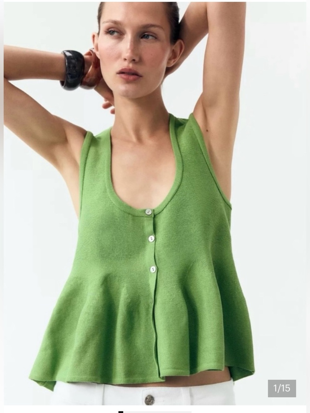 NWT Zara Chartreuse Green Sleeveless Knit Button Front Peplum Top Size S